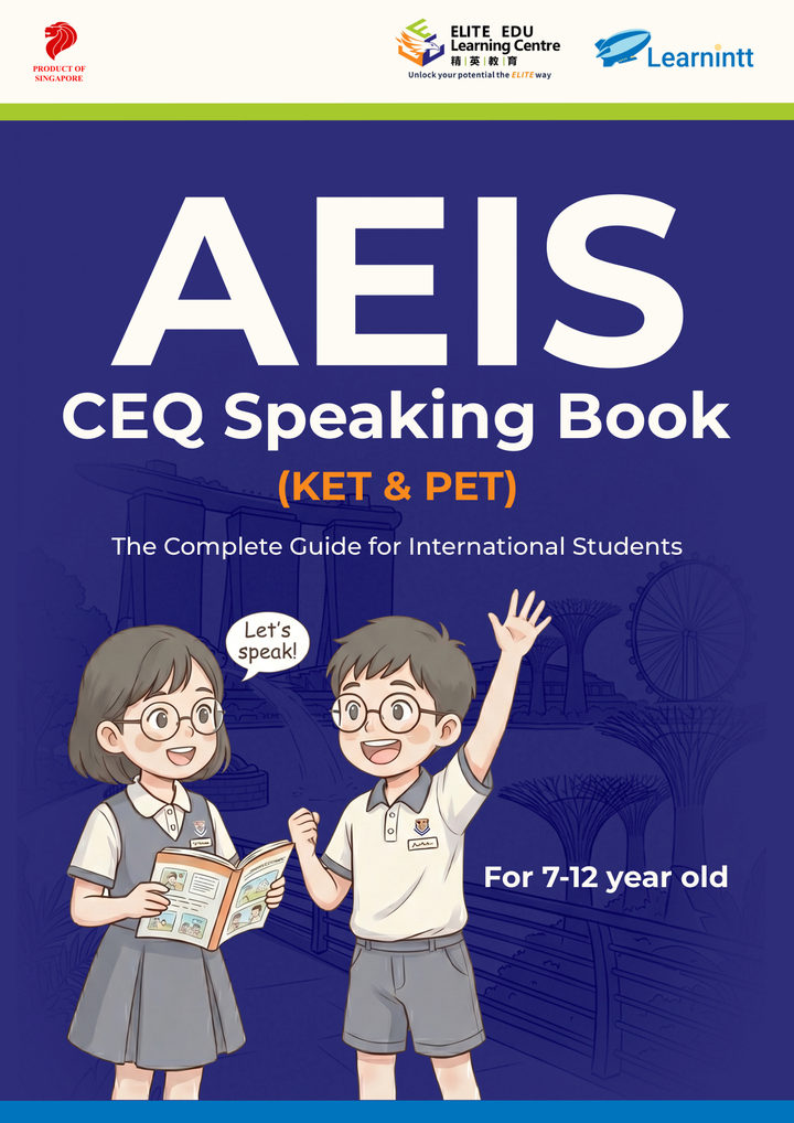 The printed front cover: two illustrated children in school uniform in front of a faint Singapore skyline, under the title AEIS CEQ Speaking Book.