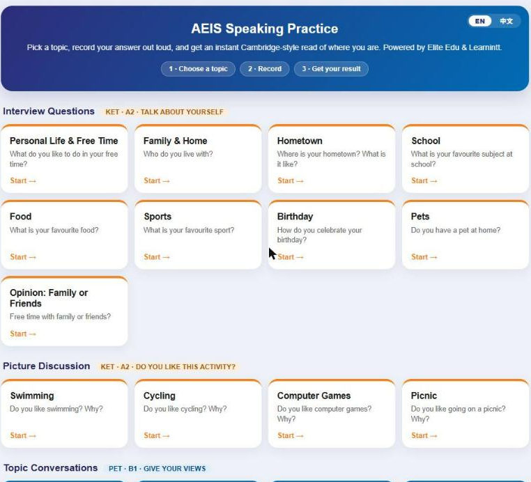 The topic menu showing interview, picture discussion and conversation tasks grouped by Cambridge level.